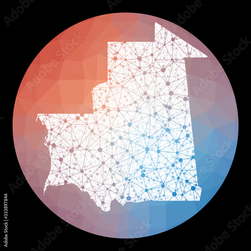 Vector network Mauritania map. Map of the country with low poly background. Rounded Mauritania illustration in technology, internet, network, telecommunication concept style.