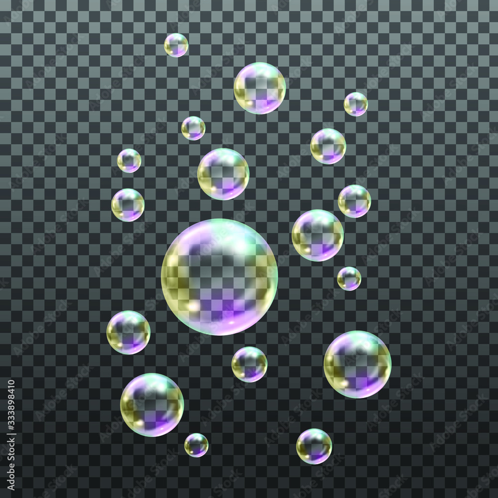 Flying transparent soap bubbles on checkered background.Reaistic colored balls.Vector texture.