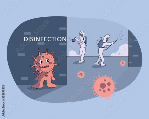 public health officers in personal protective equipment suit sprayed to kill the coronavirus disease on the road and building in the city. disinfection service concept