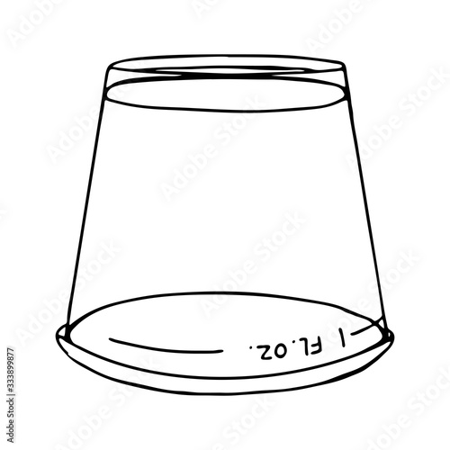 Transparent plastic measuring cup to measuring mouthwash liquid. Inverted graduated beaker. Vector isolated illustration template flat doodle realistic drawing with black outline white background icon