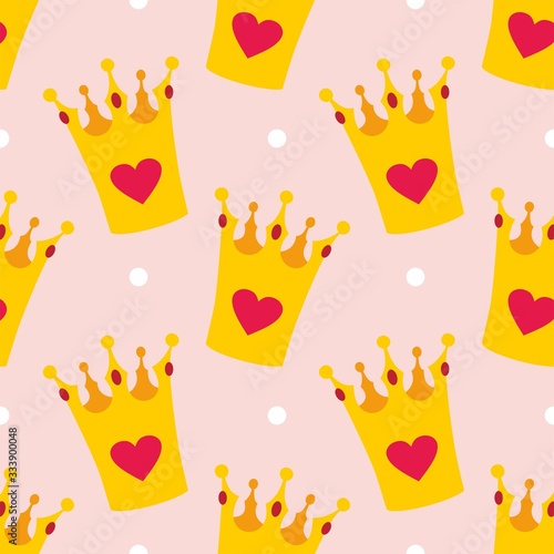Crown and polka dots seamless vector background or tile pink pattern