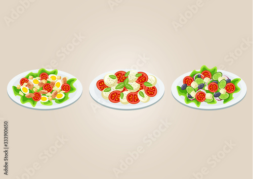 Classic set of three fresh and tasty green salads : caesar, caprese, greek on a white plates isolated with a background. Vector food illustration cartoon style