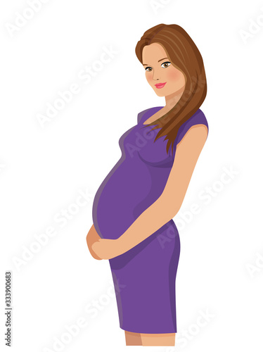 Beautiful young pregnant woman in pretty violet dress expecting a baby. Vector character design illustration, isolated on a white background 