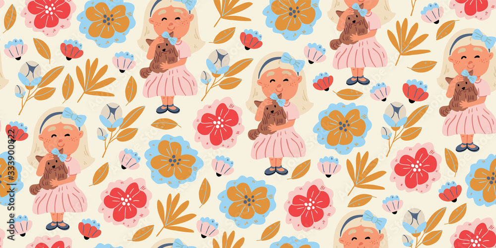 seamless pattern - girl hugging yorkshire terrier seamless pattern - girl hugging yorkshire terrier