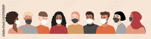 Coronavirus, covid-19. Multi-colored people in white and black face mask. Different nationalities. Vector banner illustration.