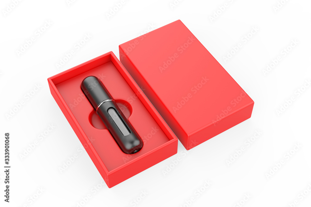 Blank Refillable Aluminum Atomizer With Hard Paper Box Packaging For Branding, 3d render illustration. Blank Refillable Aluminum Atomizer With Hard Paper Box Packaging For Branding, 3d render illustration.