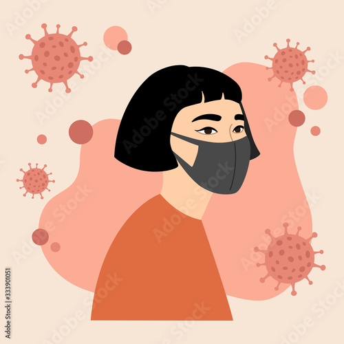 Coronavirus, covid-19. Young asian girl in black face mask. Virus on background. Vector illustration. 