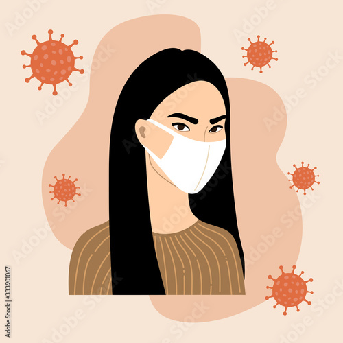 Coronavirus, covid-19. Young asian girl in black face mask. Virus on background. Vector illustration. 