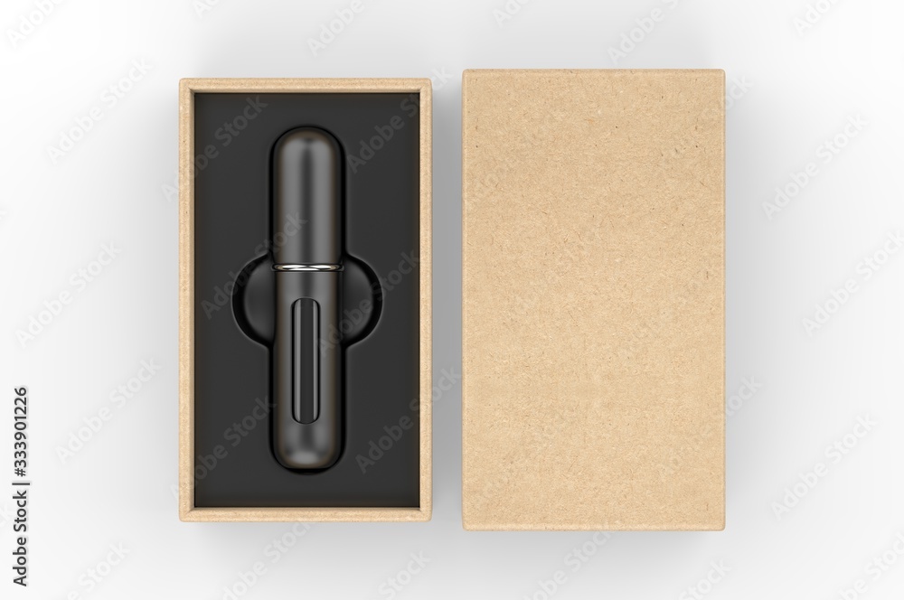 Blank Refillable Aluminum Atomizer With Hard Paper Box Packaging For Branding, 3d render illustration. Blank Refillable Aluminum Atomizer With Hard Paper Box Packaging For Branding, 3d render illustration.