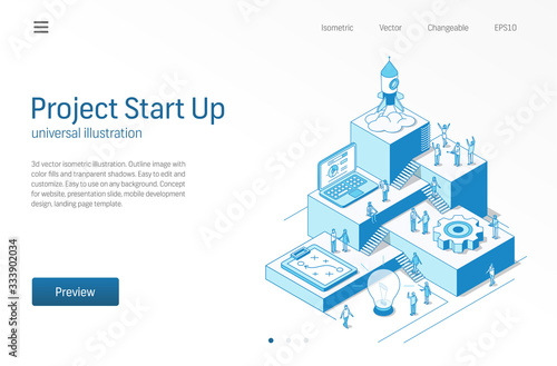 Project Start Up. Business people teamwork. Success startup modern isometric line illustration. Development process, innovation product, rocket launch vector icon. Growth step infographic concept.