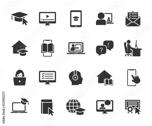 Vector set of online education flat icons. Contains icons remote learning, video lesson, online course, homework, online test, webinar, audio course and more. Pixel perfect.