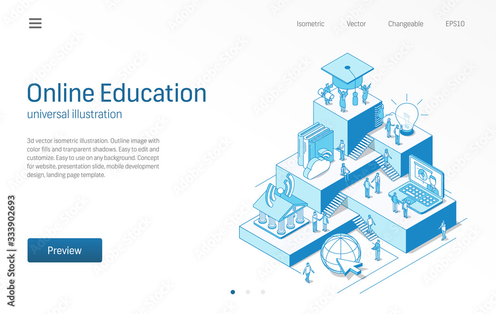 Online Education. Learning students teamwork. E-learning isometric line illustration. Digital university, distance study, virtual library icon. 3d vector background. Growth step infographic concept. Online Education. Learning students teamwork. E-learning isometric line illustration. Digital university, distance study, virtual library icon. 3d vector background. Growth step infographic concept.