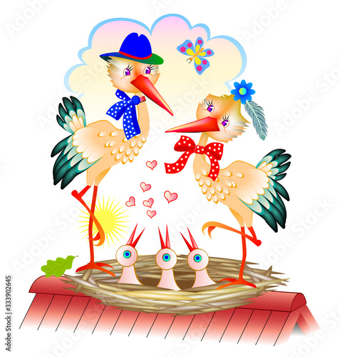 Illustration of cute stork family with father, mother and babies in the nest. Cover for kids fairy tale book. Abstract background for poster with birds. Printable vector cartoon drawing for children.