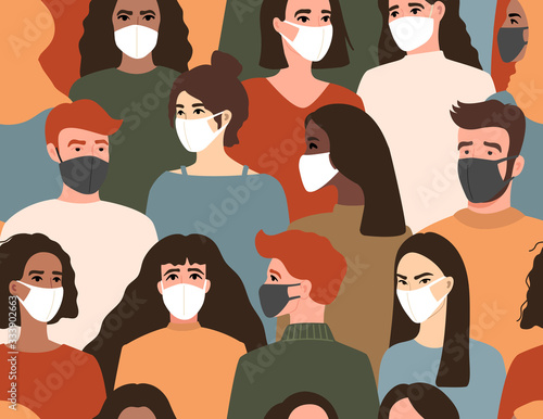 Coronovirus, group of people in medical face mask. 2019-nCoV. Vector illustration pattern in a flat style.