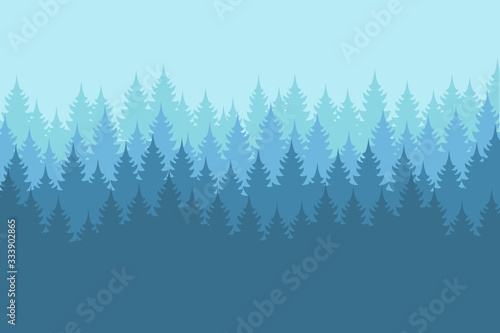 Vector misty forest landscape with detailed blue silhouettes of coniferous trees - seamless pattern © meranda