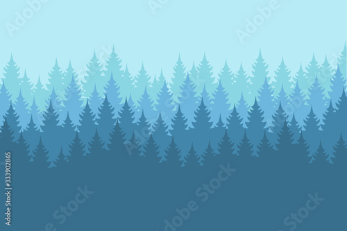Vector misty forest landscape with detailed blue silhouettes of coniferous trees - seamless pattern