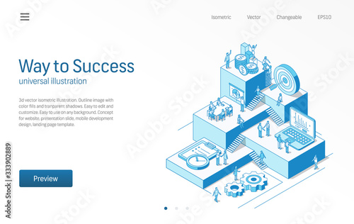 Way to success. Business people teamwork in open office space. Modern marketing strategy isometric line illustration. finance plan, meeting icon. 3d vector background. Growth step infographic concept.