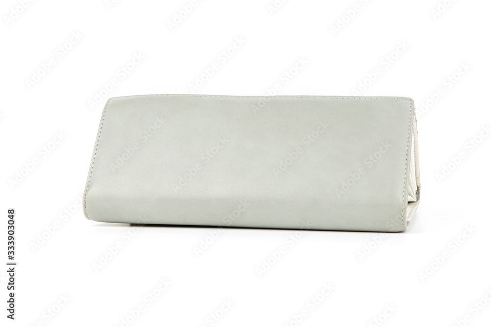 Gray female wallet isolated on a white background. Concept salary, budget, savings Gray female wallet isolated on a white background. Concept salary, budget, savings