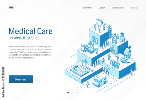 Medical Care. Doctor and nurse healthcare teamwork. Coronavirus patient treatment isometric line illustration. Hospital, clinic research, lab diagnostic icon. Growth step infographic 3d vector concept