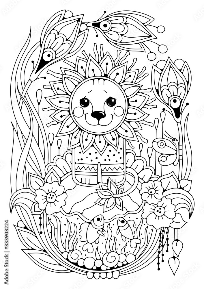Coloring page with the image of a cute lion on the background of a floral ornament. The illustration for your hobby - coloring pictures. It can be used as a tattoo or as a print on textiles. Coloring page with the image of a cute lion on the background of a floral ornament. The illustration for your hobby - coloring pictures. It can be used as a tattoo or as a print on textiles.