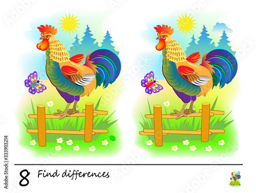 Find 8 differences. Logic puzzle game for children and adults. Printable page for kids brain teaser book. Illustration of rooster singing in the morning. Developing counting skills. IQ training test.