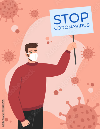 Young man in a white mask with a banner, stop coronavirus. Red virus on a background. Vector illustration. Covid-19.