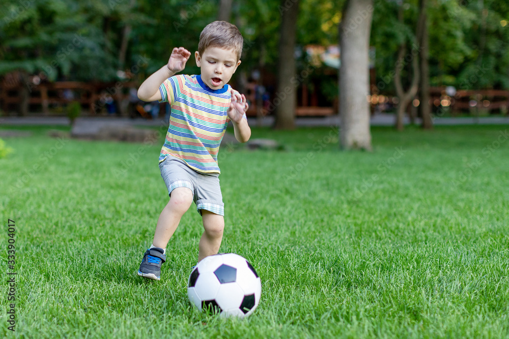 little boy plays football on the football field gives a pass hits the ball runs across the field and scores a goal sports child soccer player trains in the fresh air little boy plays football on the football field gives a pass hits the ball runs across the field and scores a goal sports child soccer player trains in the fresh air