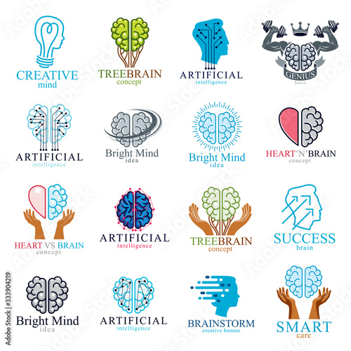 Brain and intelligence vector icons or logos concepts set. Artificial Intelligence, Bright Mind, Brain Training, Feelings soul versus Rational thinking, Creativeness, Brainstorming, Mental Health.