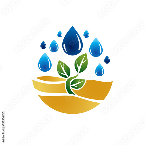 Small plant growing in a desert vector concept of water deficit, rain drops falling down, rain over desert life theme.