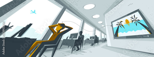 Office interior in distorted perspective with employees and one man is dreaming about travel to vacations vector illustration, modern workplace work routine tired man.