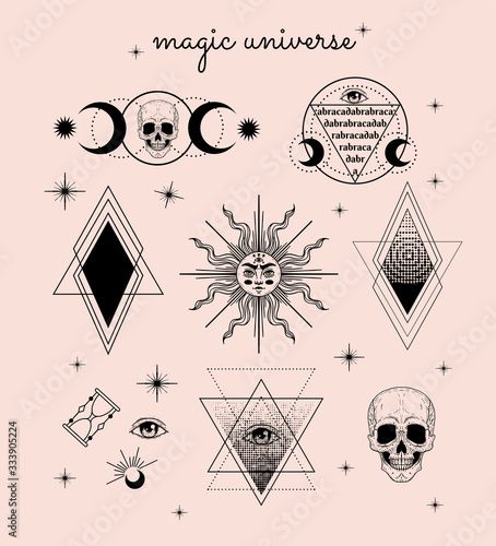 Vector witch and Magic Collection with: eyes, moon, sun, hourglass, abracadabra, skull. set of mystical tattoos