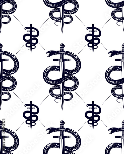 Seamless snakes pattern in vintage drawing style, dangerous poisoned reptiles vector background, endless tiling wallpaper, subculture rock n roll and hard rock theme.