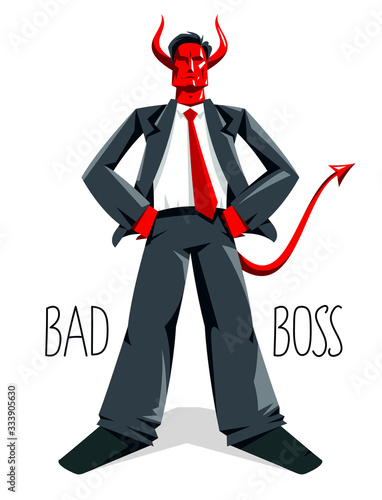 Big boss director with horns like demon or devil stands confident serious and angry vector illustration, bad boss despot and tyrant concept, manager in autocratic control.