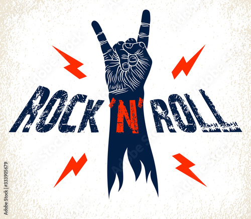 Rock hand sign with lightning bolts, hot music Rock and Roll gesture, Hard Rock festival concert or club, vector label emblem or logo, musical instruments shop or recording studio.