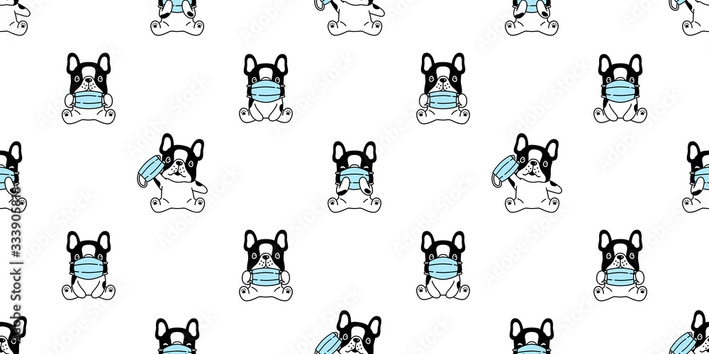 Fototapeta premium dog seamless pattern french bulldog face mask covid19 kitten corona virus pm 25 vector pet puppy animal scarf isolated repeat wallpaper tile background cartoon doodle illustration design