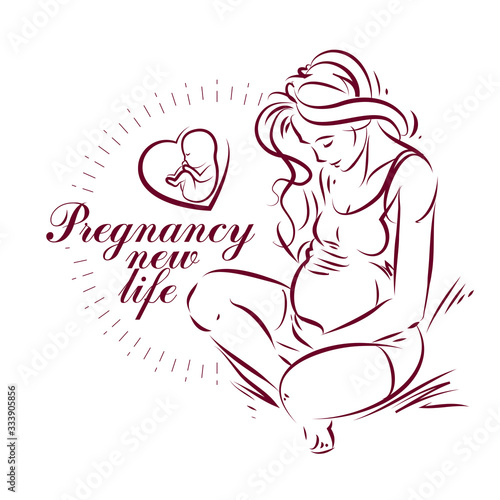 Pregnant woman elegant body silhouette, sketchy vector illustration. Medical rehabilitation and childcare center marketing card