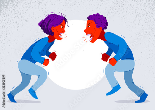 Abusive relations vector concept, man and woman is arguing aggressively with hate, quarrel between husband and wife, conflict scream and shout psychological abuse.