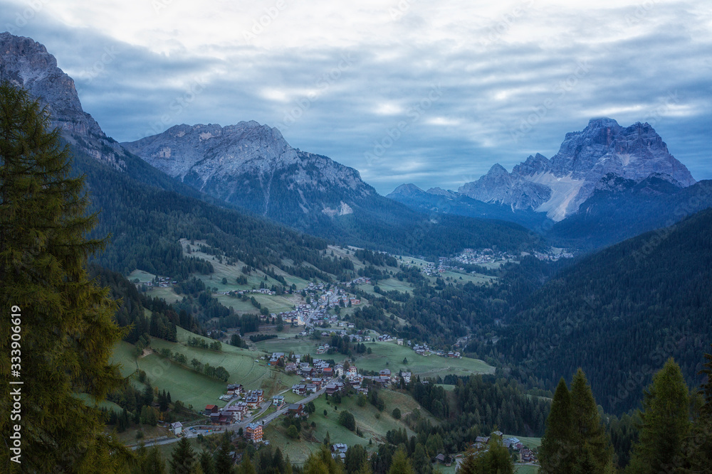 A small village in the Dolomites in the morning twilight, Italy