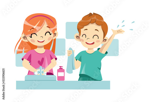 Concept Of Personal Hygiene Rules. Happy Cheerful Children Are Washing Hands Together Under Faucet With Soap In Bathroom. Regular Hygienic Procedures For The Kids. Cartoon Flat Vector Illustration