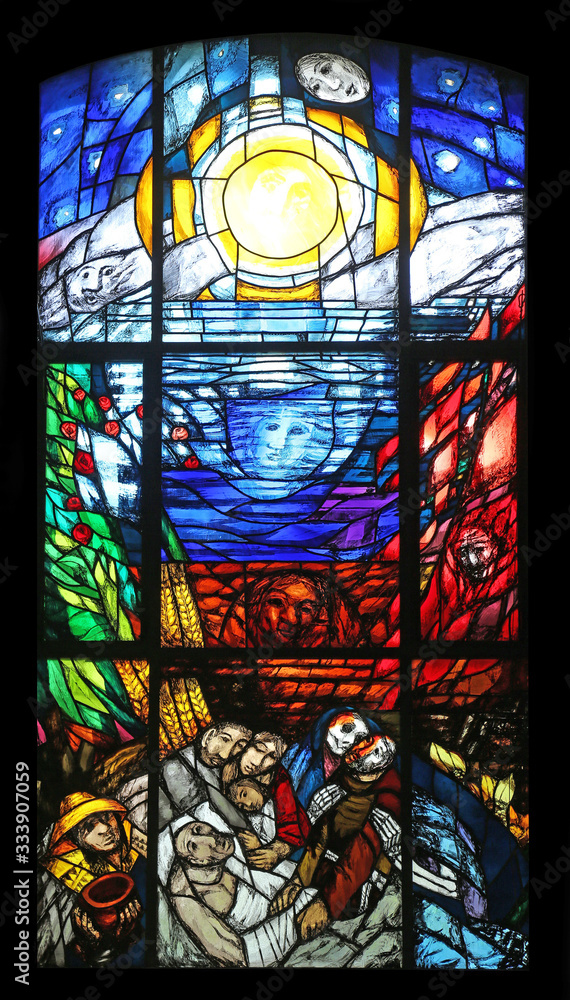 Stigmatization of St. Francis, stained glass window by Sieger Koder in Saint Francis chapel in Ellwangen, Germany Stigmatization of St. Francis, stained glass window by Sieger Koder in Saint Francis chapel in Ellwangen, Germany