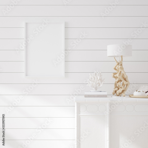 Mock up frame in cozy coastal home interior background, 3d render photo