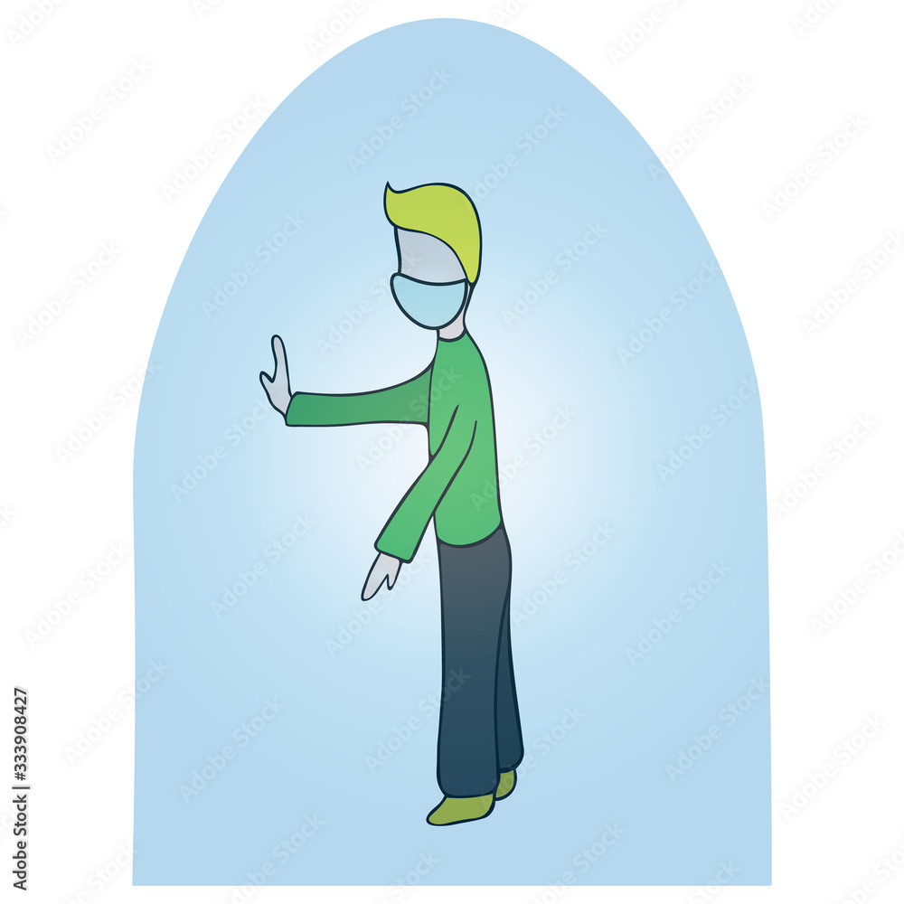 Color vector illustration of quarantine on the background of an outbreak of coronavirus infection Covid-19. Young man in a medical mask under a glass cap. Isolated background. Cartoon style. Better to