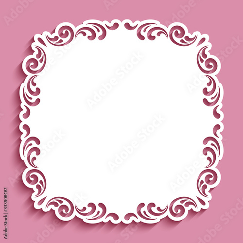 Square lace doily under cake with cutout paper swirls. Elegant template for laser cutting. Ornamental frame decoration for wedding invitation or save the date card design. 