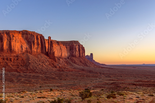 View of Monument Valley in the taime of beautiful sunrise on the border between Arizona and Utah, USA