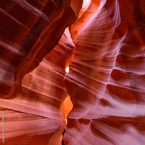 Beautiful view of amazing sandstone formations in famous Antelope Canyon on a sunny day near town Page. Arizona, USA
