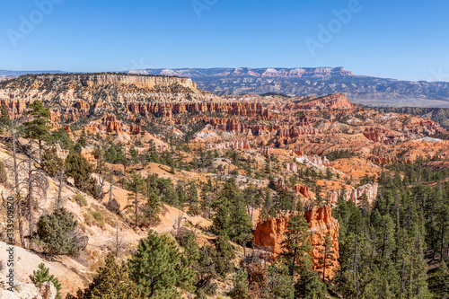 Panoramic view of amazing hoodoos sandstone formations in scenic Bryce Canyon National Parkon on a sunny day. Utah, USA