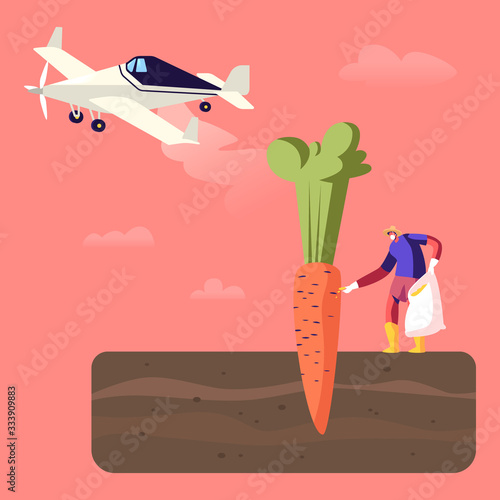 Farmer Character Pour Out Poisonous Fertilizer into Soil with Huge Carrot Growing in Toxic Land. Airplane Spraying Insecticide and Pesticide Agribusiness Ecology Pollution. Cartoon Vector Illustration