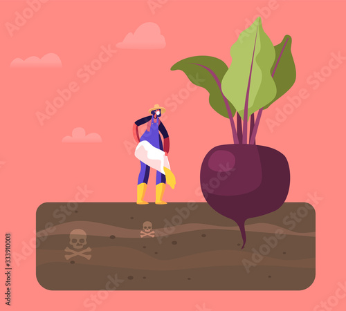 Female Farmer Character in Working Robe Pour Out Poisonous Fertilizer into Soil with Huge Beetroot Growing in Toxic Land. Farming Industry Agribusiness Ecology Pollution. Cartoon Vector Illustration