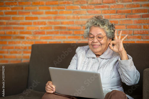 Senior Asian Woman Sit on sofa spend free time at home using social networks having fun chatting with friends or children enjoy new application,Free time advanced aged user concept. photo
