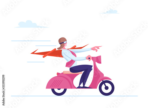Superhero Character Wearing Red Cloak and Pilot Helmet Riding Scooter Pointing Direction with Finger. Super Employee Business Success, Leadership, Professionalism Concept. Cartoon Vector Illustration